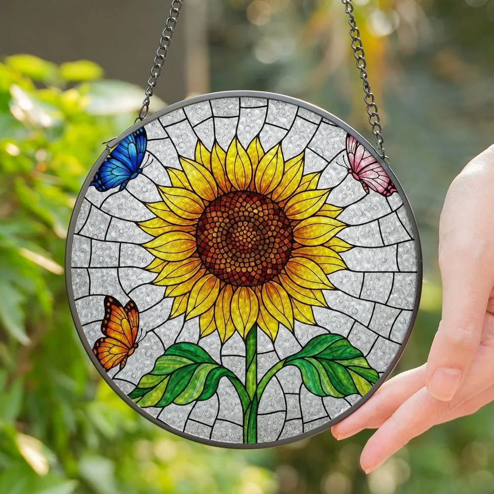 Sunflower Butterfly Stained Glass Art - Intricate Tiffany Style Mosaic Clear Textured Glass Stained Glass Suncatcher - 1
