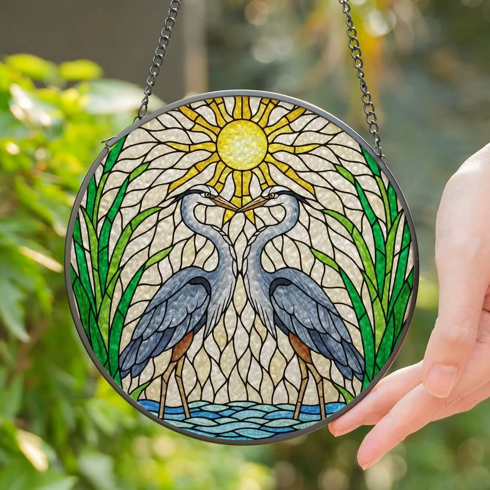 Colorful Intricate Tiffany Stained Glass Herons Pair Heart Shape Mosaic Reeds Decor Stained Glass Suncatcher - 1