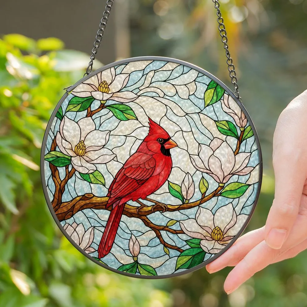 Red Cardinal Bird Stained Glass Suncatcher - Tiffany Art with Magnolia Blossoms & Buds - 1