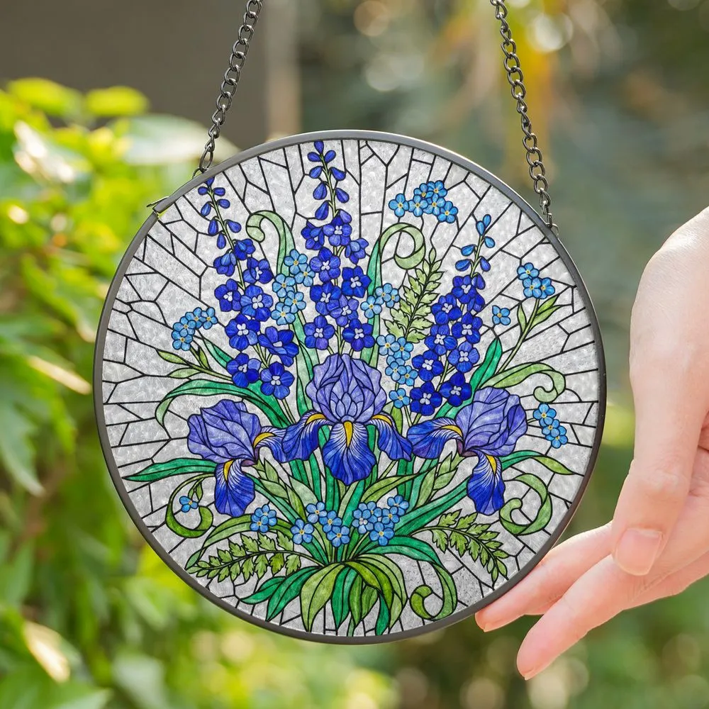 Vibrant Blue Wildflowers Green Foliage Tiffany Stained Glass Mosaic Art Luminous Jewel Tones Stained Glass Suncatcher - 1