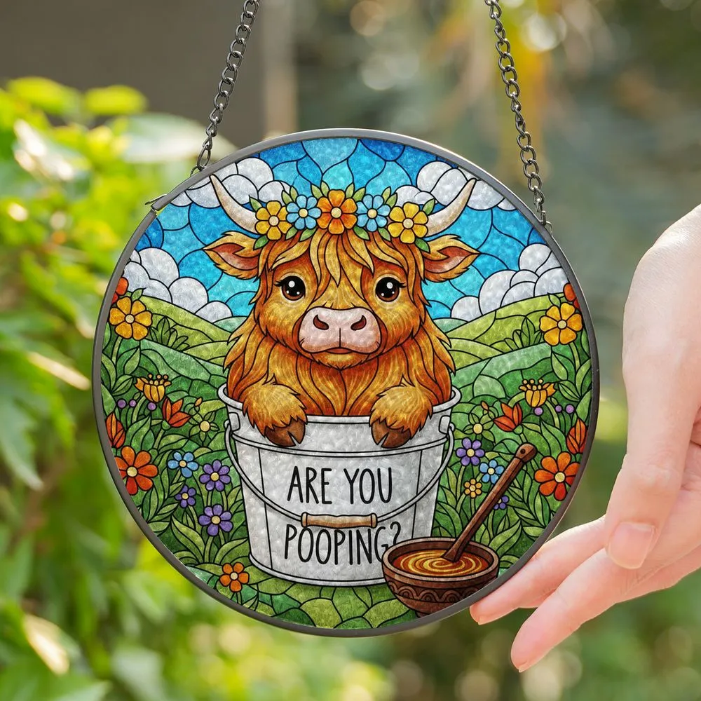 Highland Cow in Bucket 'ARE YOU POOPING?' Stained Glass Mosaic Hills Sky Wildflowers Stained Glass Suncatcher - 1