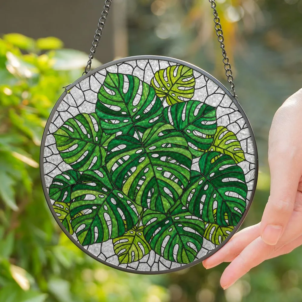 Monstera Deliciosa Leaf Stained Glass Mosaic - Tropical Emerald Green Tiffany Style Art Stained Glass Suncatcher - 1