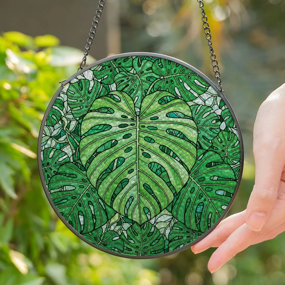 Monstera Leaf Stained Glass Artwork - Intricate Tropical Foliage Botanical Tiffany Art Stained Glass Suncatcher - 1
