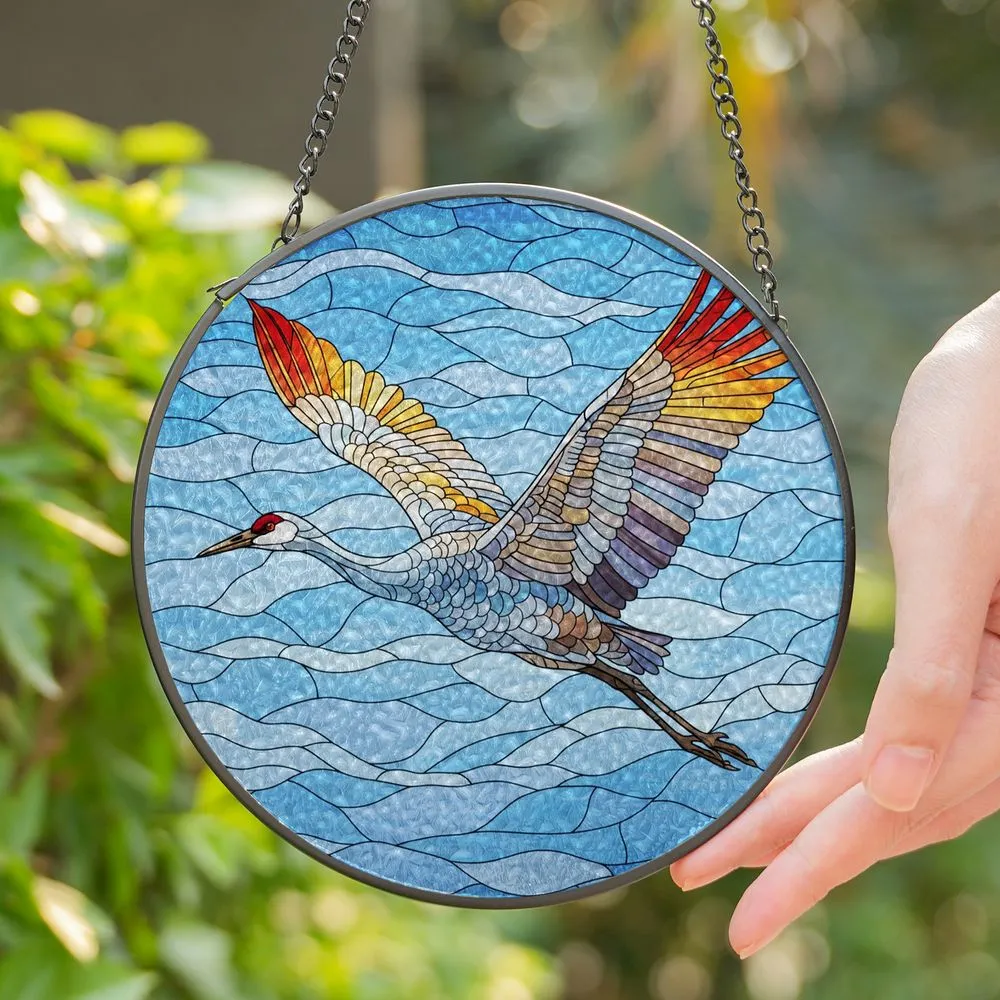 Flying Sandhill Crane Stained Glass Mosaic Art - Vibrant Jewel Tone Sky Window Decor Stained Glass Suncatcher - 1