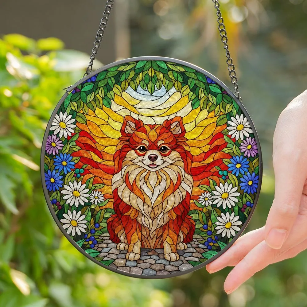 Colorful Red Orange Pomeranian Dog Stained Glass Art with Flowers - Tiffany Style Pet Lover Gift Stained Glass Suncatcher - 1
