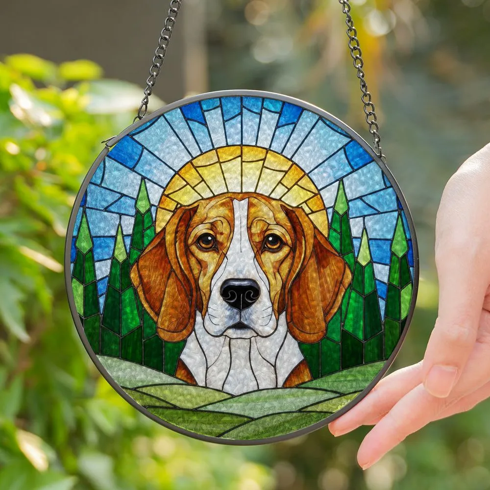 Tri-Color Beagle Dog Stained Glass Evergreen Trees Hills Sun Tiffany Style Stained Glass Suncatcher - 1