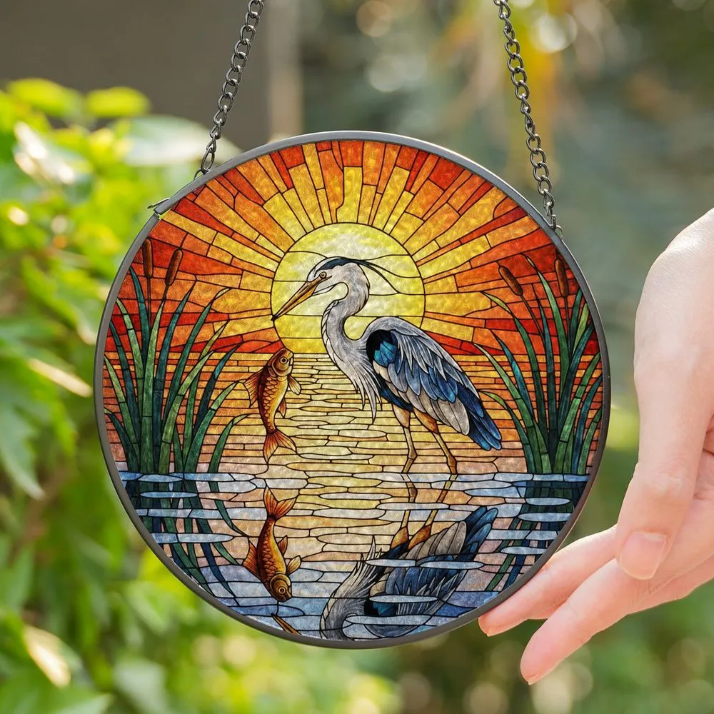 Great Blue Heron Stained Glass Sunset - Wildlife Fish Reeds Cattails Jewel Tone Art Stained Glass Suncatcher - 1