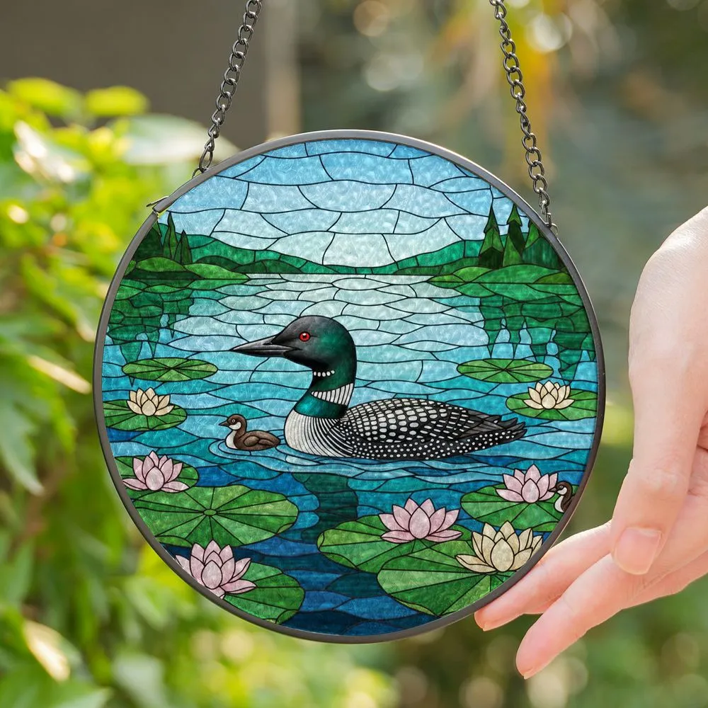 Loon Family Stained Glass Lake View with Water Lilies & Green Island Trees Stained Glass Suncatcher - 1