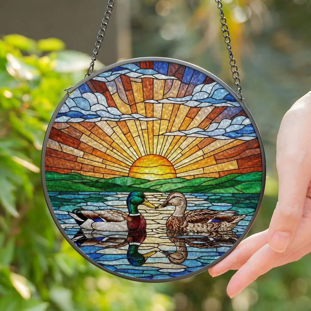 Mallard Duck Pair Tiffany Stained Glass Sun Art - Water Reflections Home Decor Gift Stained Glass Suncatcher - 1