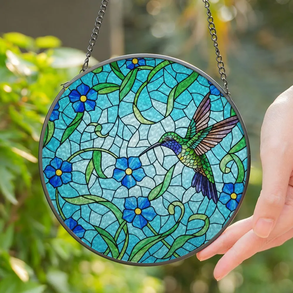 Iridescent Hummingbird Tiffany Stained Glass - Blue Flowers, Aqua Sky Mosaic Art Stained Glass Suncatcher - 1