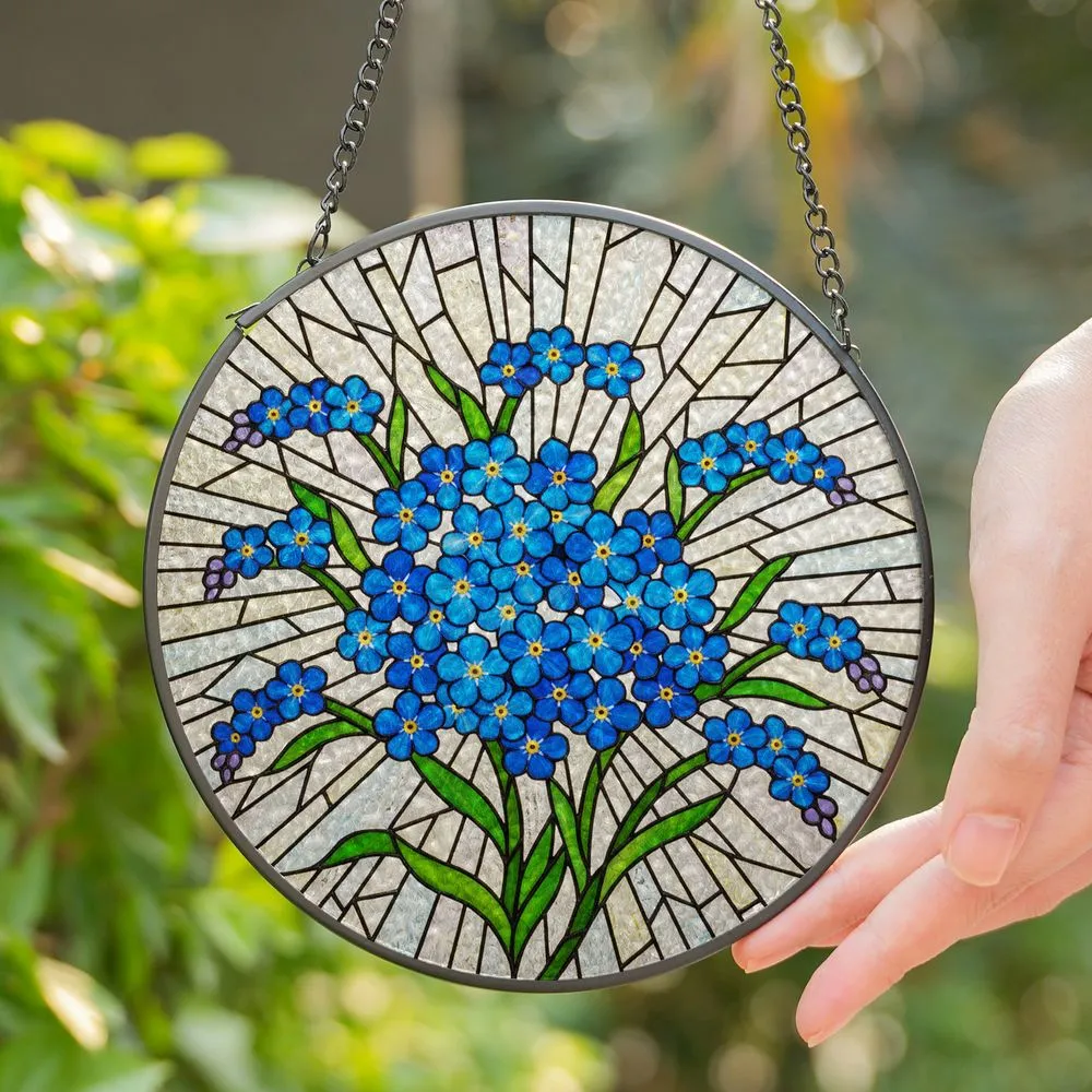Blue Forget-Me-Nots Stained Glass Tiffany Style Floral Art - Garden Decor Stained Glass Suncatcher - 1