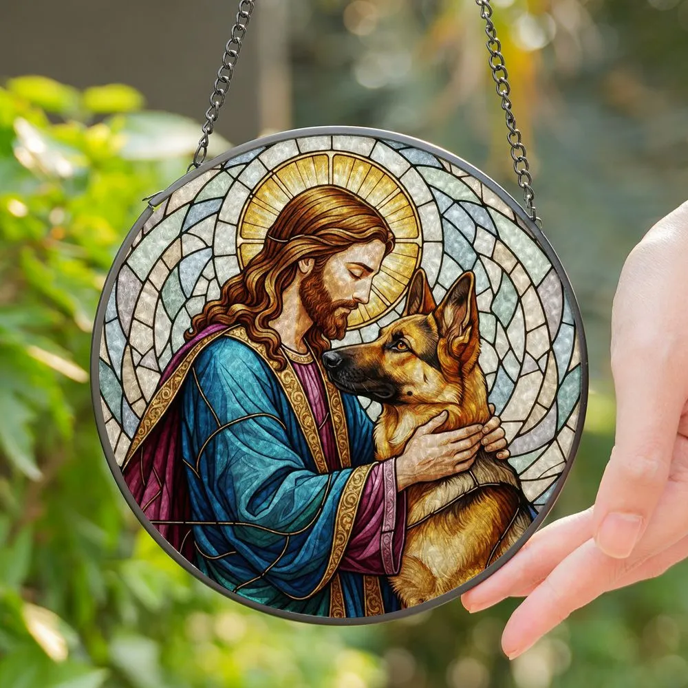Jesus German Shepherd Dog Stained Glass Art - Spiritual Faith Pet Memorial Decor Gift Stained Glass Suncatcher - 1