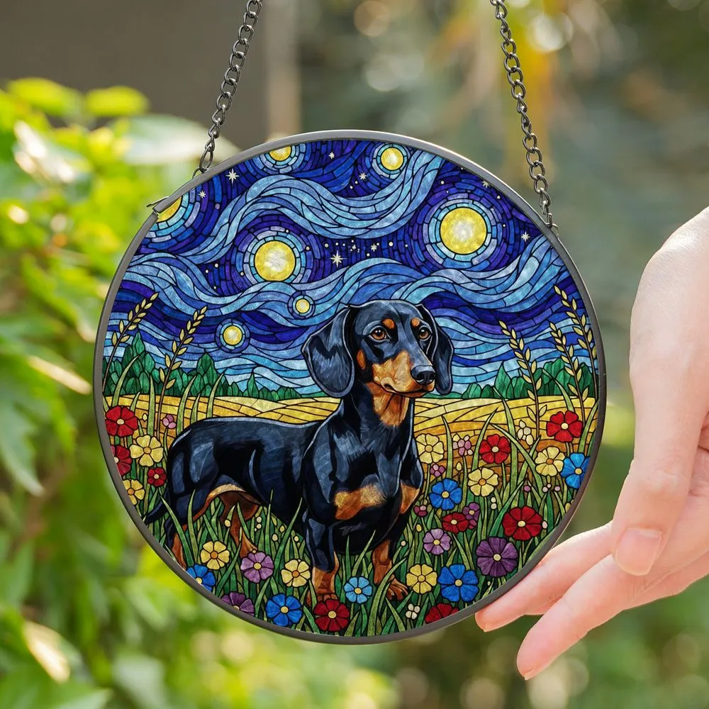 Black Tan Dachshund Dog Stained Glass Wildflowers Night Sky - Van Gogh Inspired Scene Stained Glass Suncatcher - 1