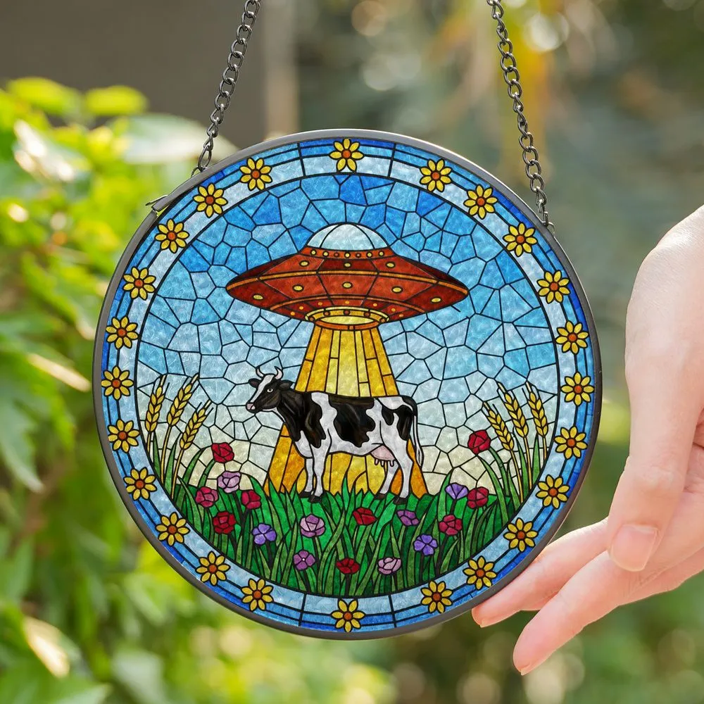 UFO Abducting Holstein Cow Stained Glass Art - Flying Saucer Mosaic Translucent Jewel Stained Glass Suncatcher - 1