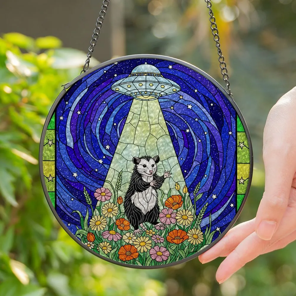 Opossum UFO Tractor Beam Stained Glass Wildflower Starry Night Celestial Garden Decor Stained Glass Suncatcher - 1