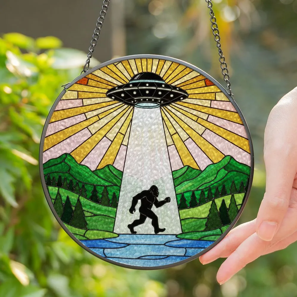 UFO Bigfoot Abduction Tiffany Stained Glass - Detailed Mountain Lake Forest Art Stained Glass Suncatcher - 1