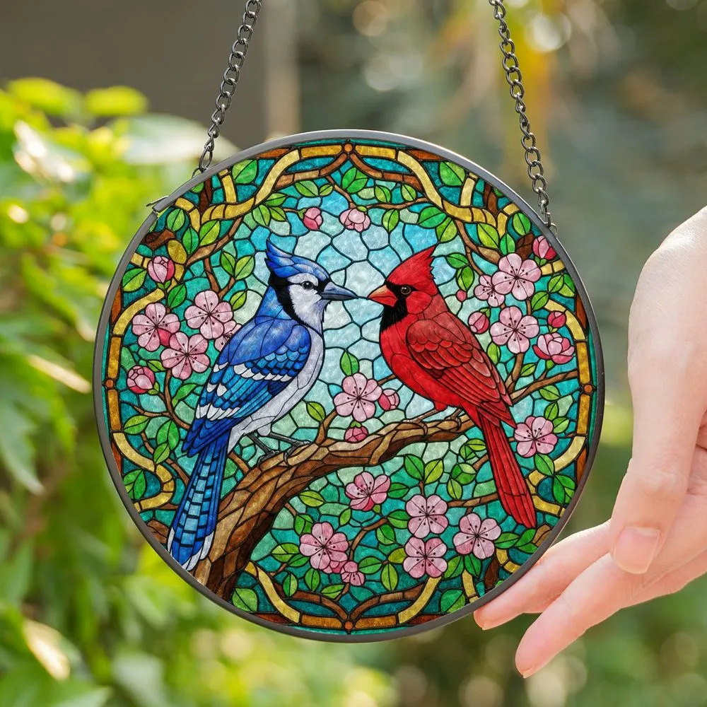 Blue Jay Cardinal Birds Branch Floral Stained Glass Art Tiffany Jewel Tones Stained Glass Suncatcher - 1