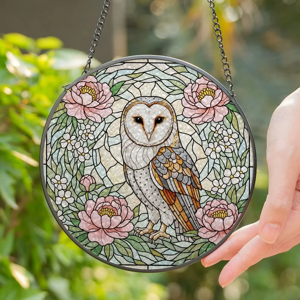 Majestic Barn Owl Pink Peony Flowers - Tiffany Style Stained Glass Window Art Decor Stained Glass Suncatcher - 1