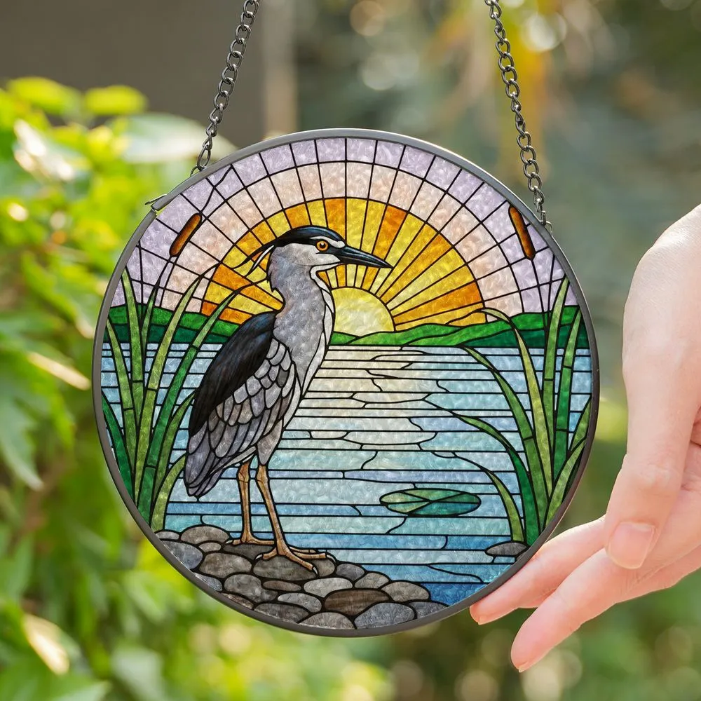 Black-crowned Night Heron Stained Glass Marsh Reeds River Stone Waterscape Sunrise Stained Glass Suncatcher - 1