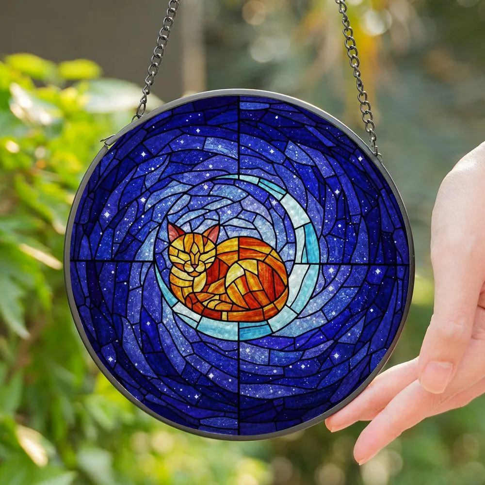 Tiffany Stained Glass Cat Crescent Moon Cosmic Celestial Sky Art - Home Decor Gift for Cat Lovers Stained Glass Suncatcher - 1
