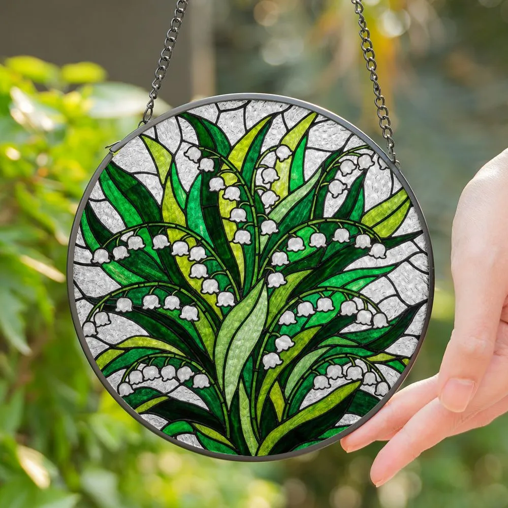 White Lily of the Valley Tiffany Stained Glass Jewel Tone Art with Emerald Green Leaves Stained Glass Suncatcher - 1