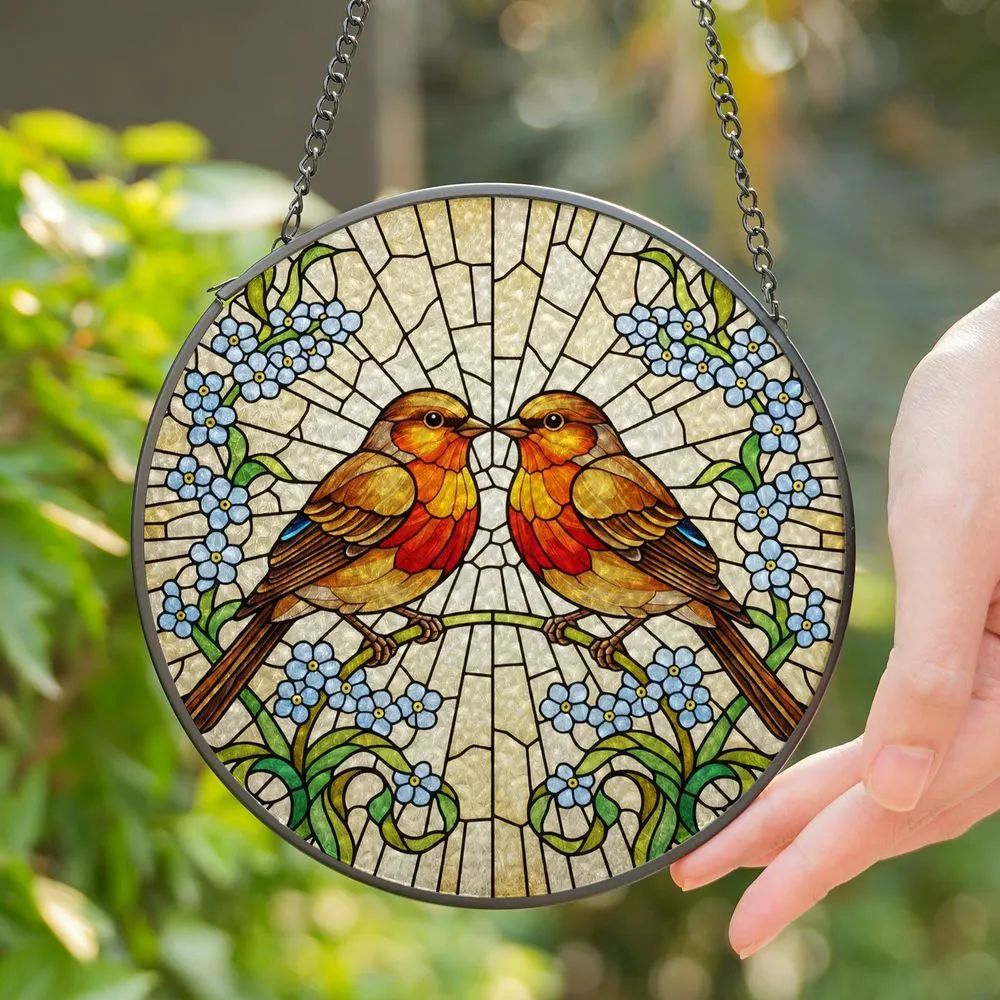 Detailed Songbirds Robins Affectionate Pose Tiffany Style Forget-Me-Not Flowers Luminous Mosaic Stained Glass Suncatcher - 1