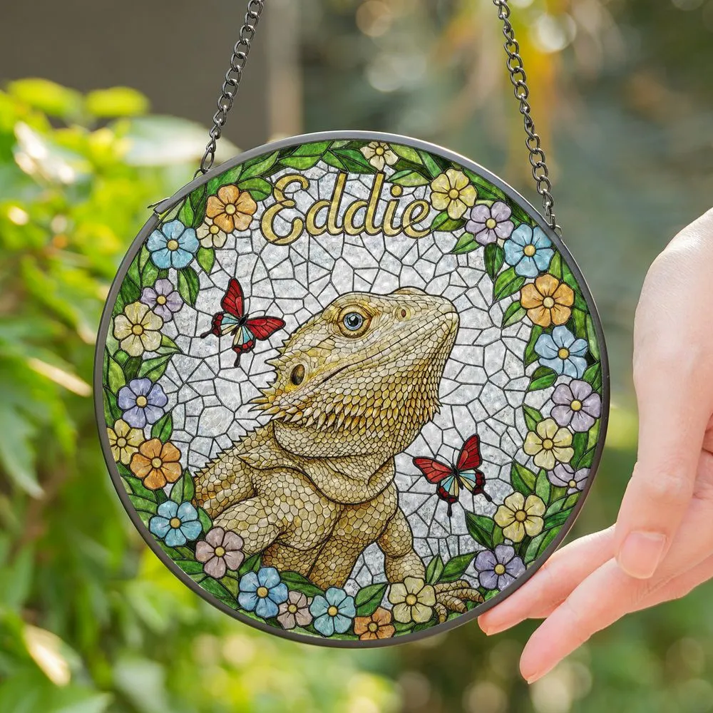 Bearded Dragon Stained Glass Butterflies Floral Wreath Eddie Name Tiffany Mosaic Ice Pattern Stained Glass Suncatcher - 1