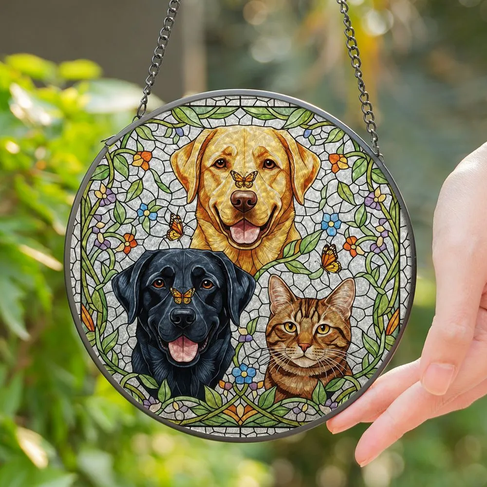 Golden Black Lab Tabby Cat Stained Glass Pet Lover Gift - Floral Butterfly Tiffany Decor Stained Glass Suncatcher - 1