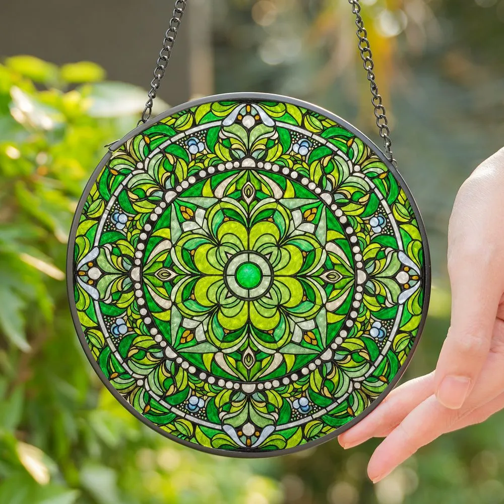 Tiffany Green Stained Glass Jewel Tone Four-Leaf Clover Mandala Leaf Mosaic Art Stained Glass Suncatcher - 1