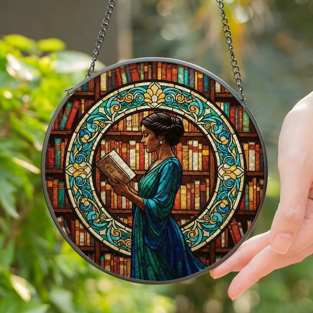 Woman Reading Book Stained Glass Bookcase Art - Tiffany Style Library Decor Gift for Readers Stained Glass Suncatcher - 1