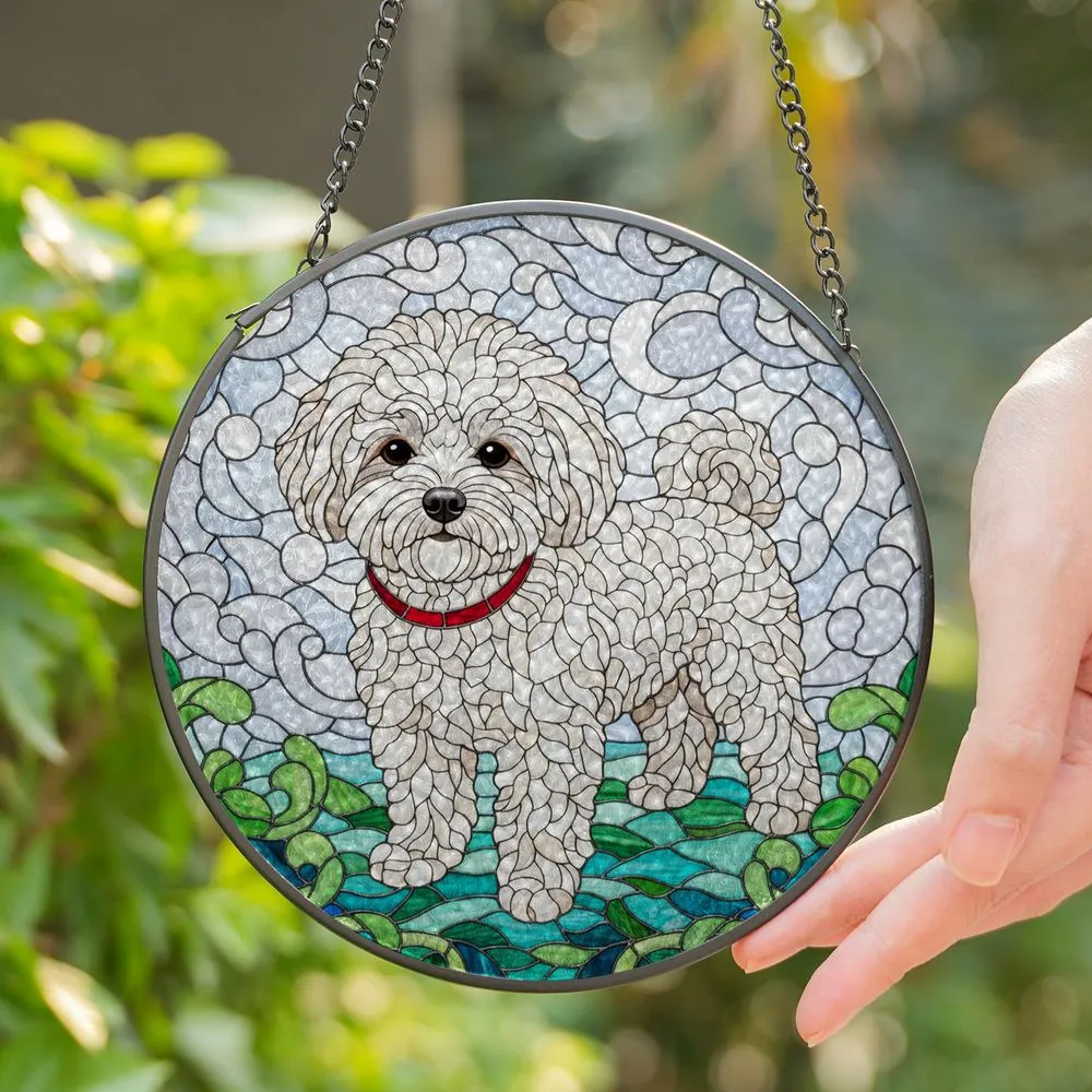 Fluffy Bichon Frise Dog Stained Glass Art Tiffany Style Jewel Tones Cloud Sky Foliage Stained Glass Suncatcher - 1