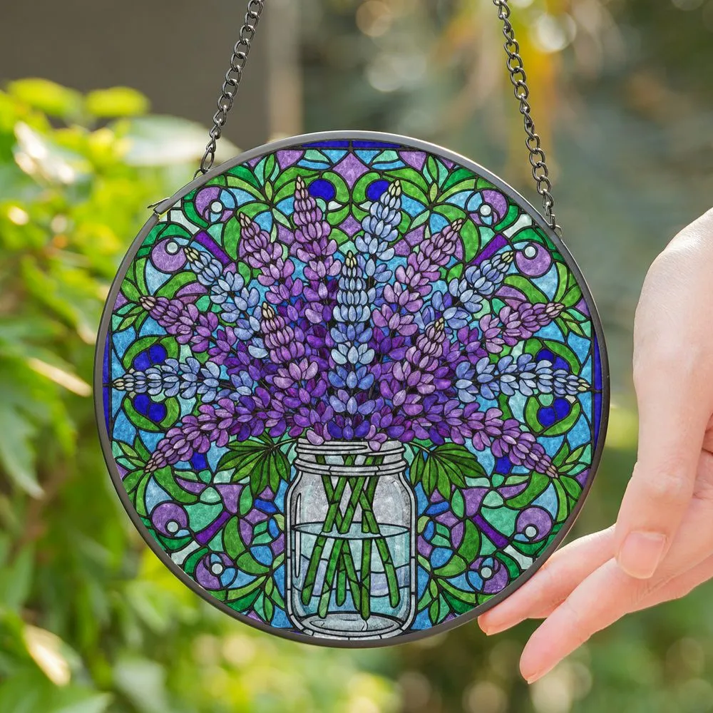 Lupine Flowers Bouquet Mason Jar Tiffany Glass Style - Detailed Jewel Tone Mosaic Art Stained Glass Suncatcher - 1