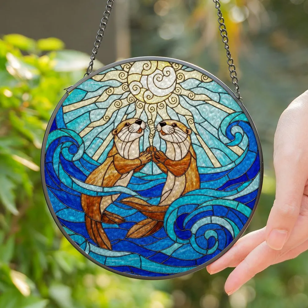 Tiffany Style Stained Glass Otters Holding Paws - Sun Moon Rippling Water Colorful Mosaic Stained Glass Suncatcher - 1