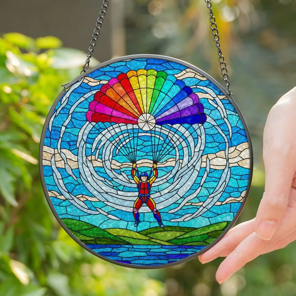 Skydiver Rainbow Parachute Colorful Tiffany Glass Style Mosaic Sky - Adventure Gift Stained Glass Suncatcher - 1