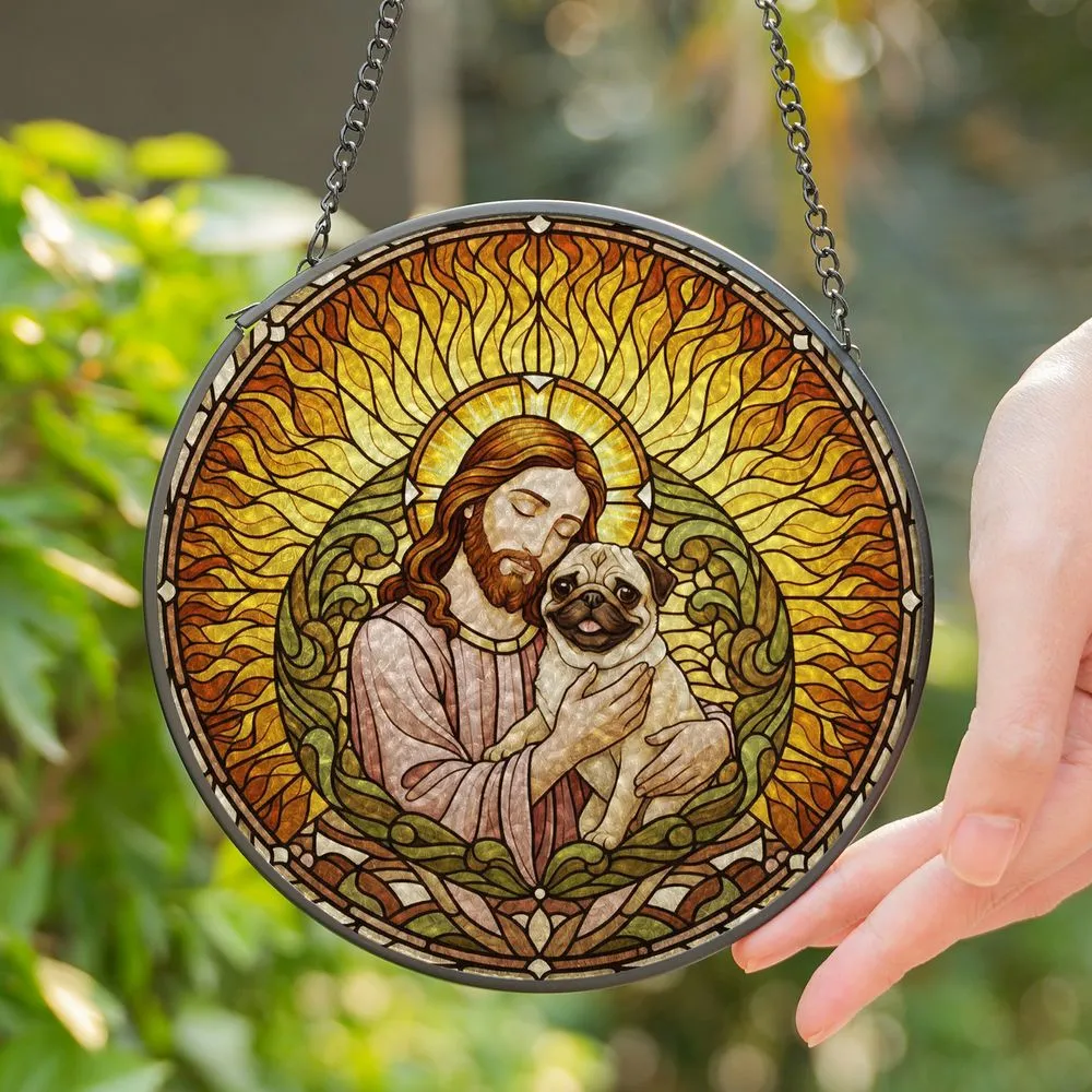 Tiffany Style Stained Glass Bearded Figure Nuzzling Pug Dog - Radiant Amber Aura Art Gift Stained Glass Suncatcher - 1
