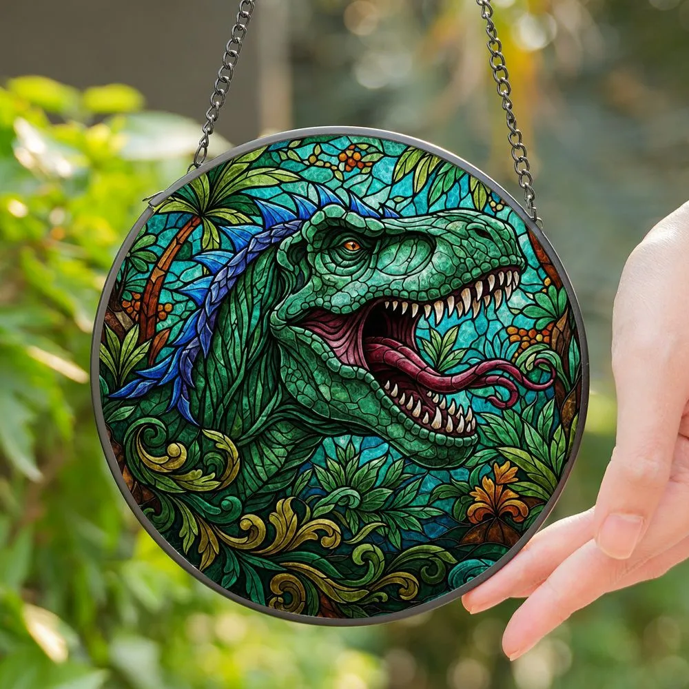 Roaring T-Rex Dinosaur Stained Glass Tiffany Style Jungle Art - Detailed Prehistoric Scene Stained Glass Suncatcher - 1