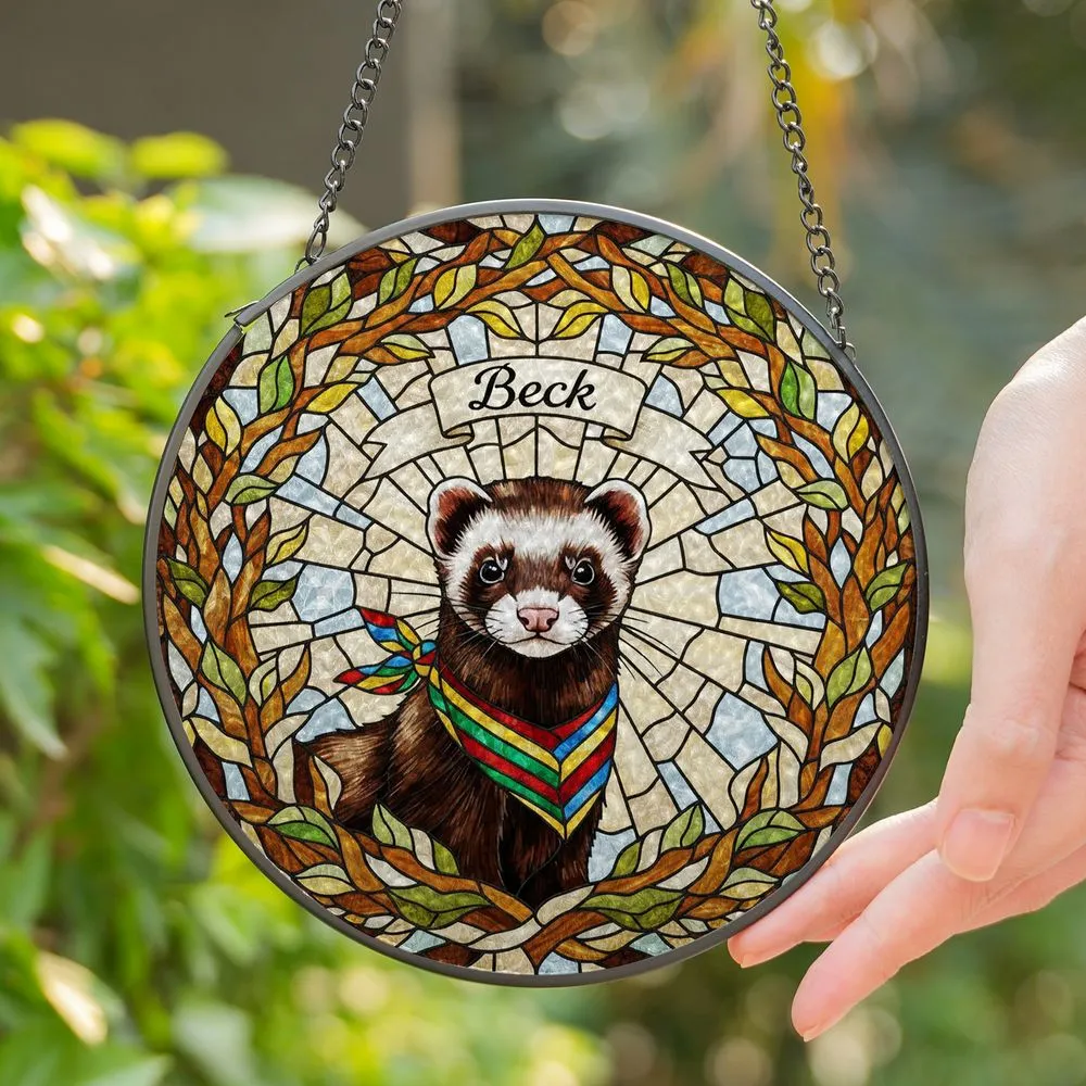 Ferret Stained Glass 'Beck' Name Art with Striped Bandana - Tiffany Style Leaf Wreath Stained Glass Suncatcher - 1