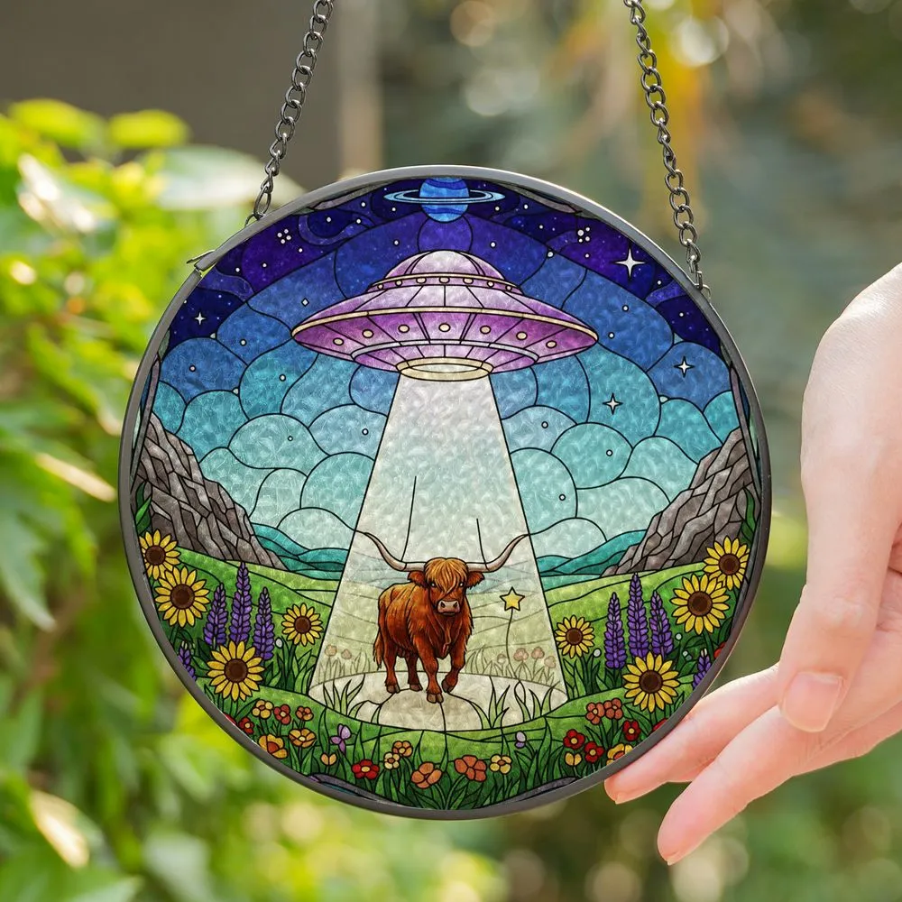 Highland Cow UFO Abduction Flying Saucer Stained Glass Starry Night Wildflower Hills Stained Glass Suncatcher - 1