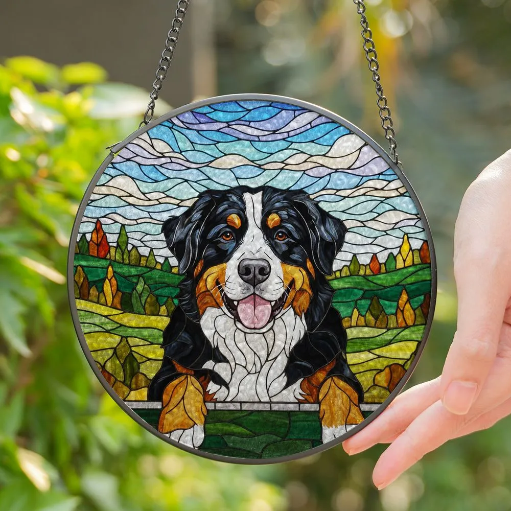 Detailed Bernese Mountain Dog Stained Glass Tiffany Art - Mosaic Hills Sky Dog Lover Gift Stained Glass Suncatcher - 1