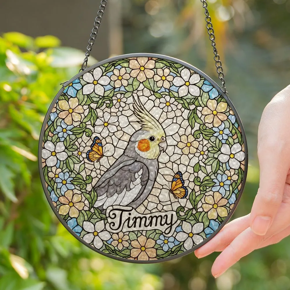 Grey Cockatiel Timmy Colorful Butterflies Stained Glass Floral Wreath Jewel Tone Mosaic Stained Glass Suncatcher - 1