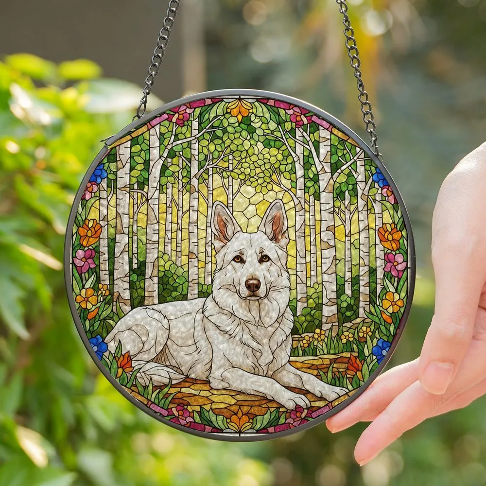 White German Shepherd Wildflowers Birch Forest - Colorful Tiffany Stained Glass Dog Art Stained Glass Suncatcher - 1