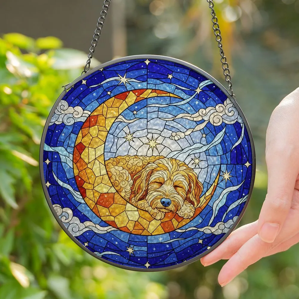 Sleeping Golden Retriever Dog Crescent Moon Tiffany Style Night Sky Pet Lover Gift Stained Glass Suncatcher - 1