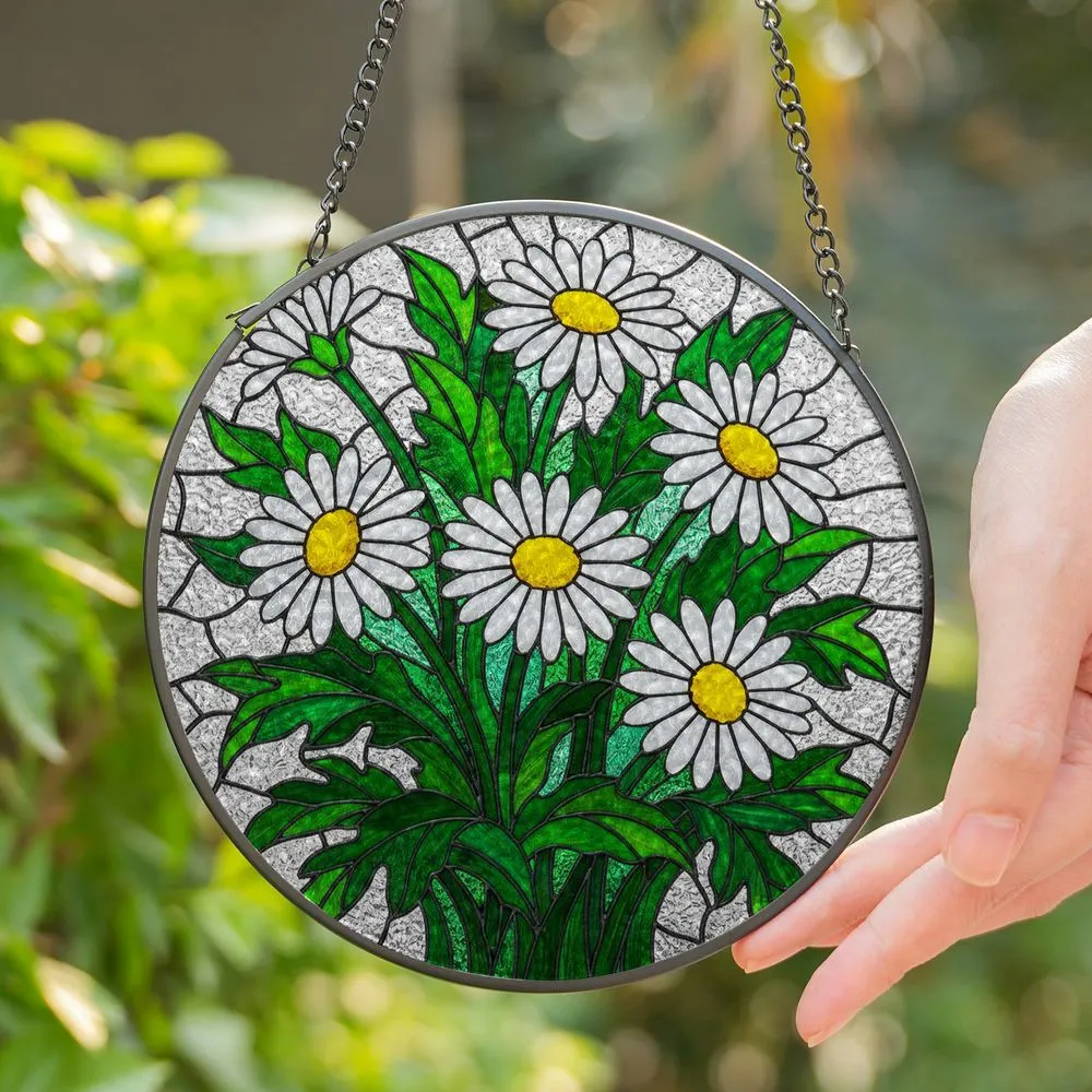 Blooming White Daisy Flowers Yellow Centers Green Leaves - Tiffany Stained Glass Mosaic Art Stained Glass Suncatcher - 1