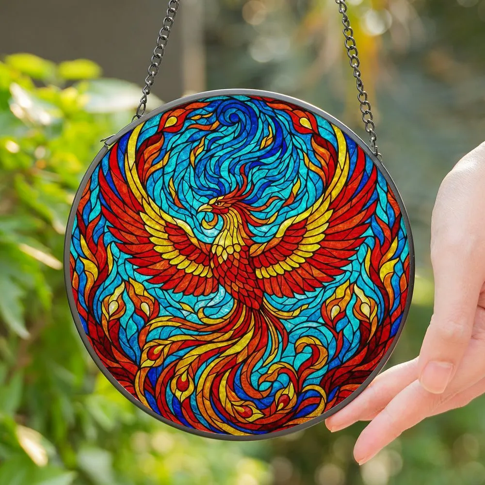 Majestic Phoenix Stained Glass Tiffany Art - Circular Flame Feather Mosaic Radiant Jewel Tones Stained Glass Suncatcher - 1