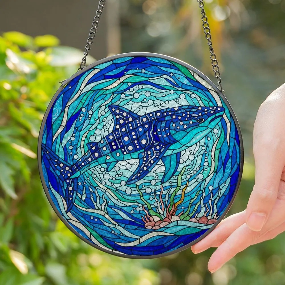 Majestic Whale Shark Tiffany Glass Mosaic - Translucent Jewel Tone Ocean Current Art Stained Glass Suncatcher - 1