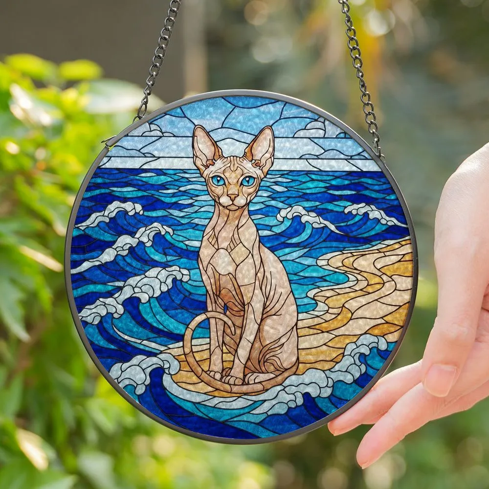 Sphynx Cat Stained Glass Blue Eyes Ocean Waves Beach Sky Mosaic Tiffany Stained Glass Suncatcher - 1