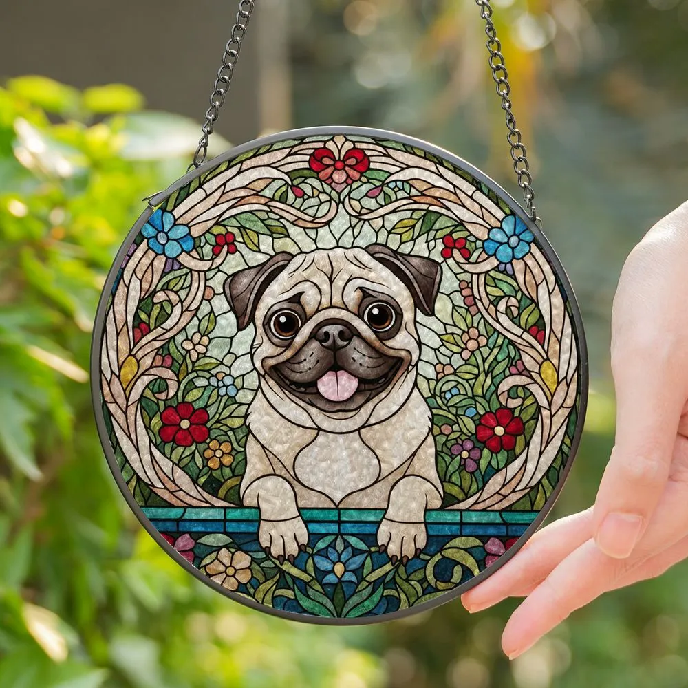 Fawn Pug Dog with Expressive Dark Eyes & Pink Tongue Tiffany Glass Floral Mosaic Stained Glass Suncatcher - 1