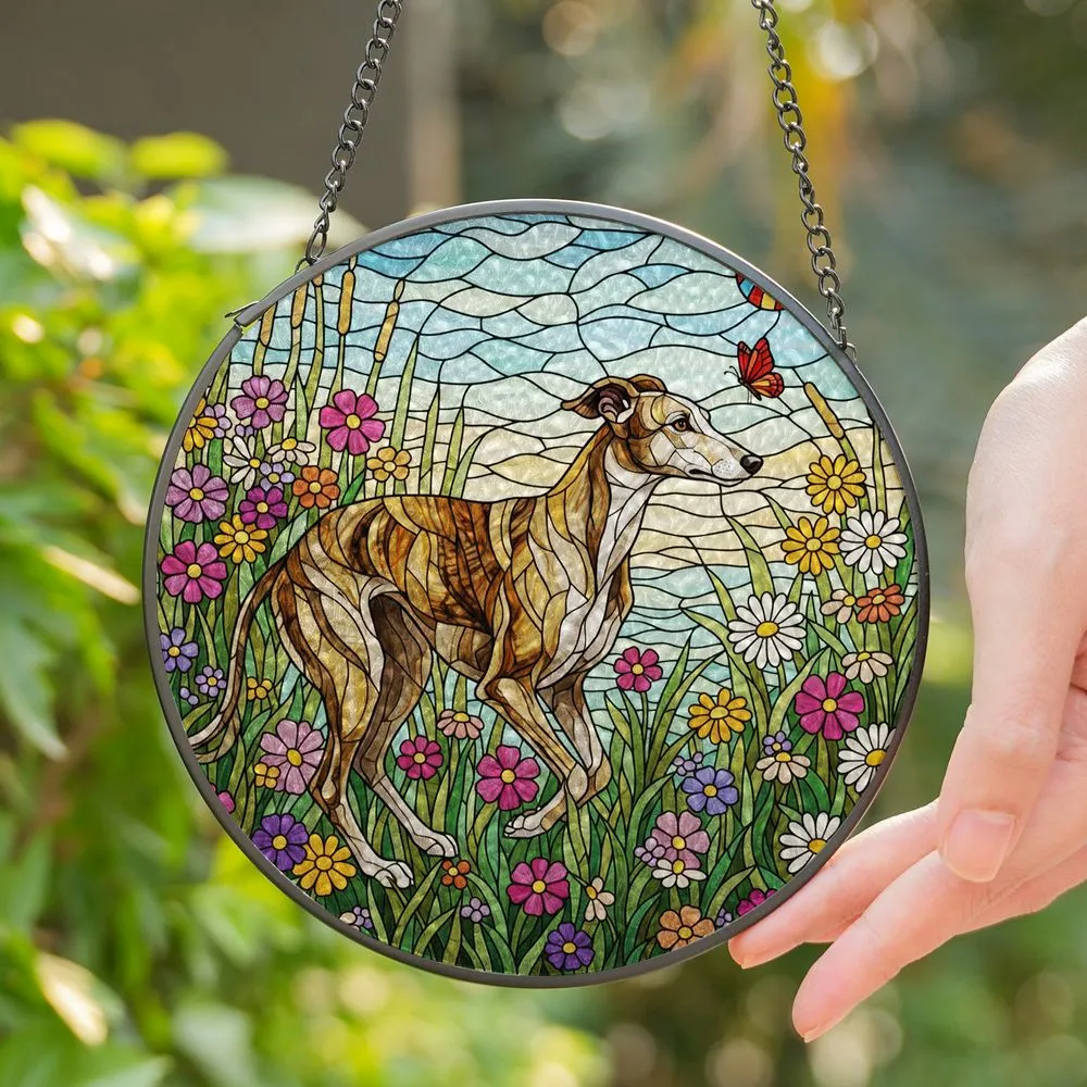 Brindle Greyhound Wildflowers Tiffany Style Stained Glass Edge-to-Edge Dog Lover Gift Stained Glass Suncatcher - 1