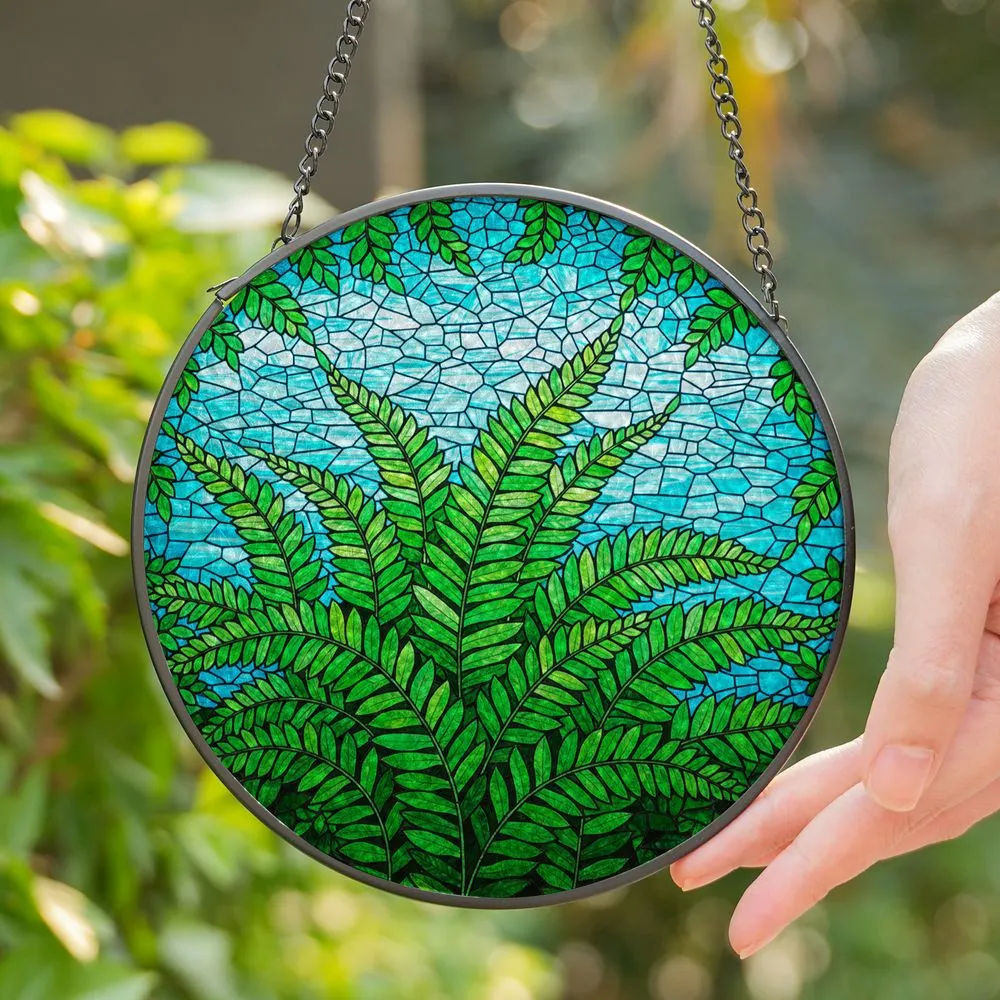 Tiffany Style Stained Glass Fern Fronds - Emerald Green Aqua Blue Organic Mosaic Stained Glass Suncatcher - 1