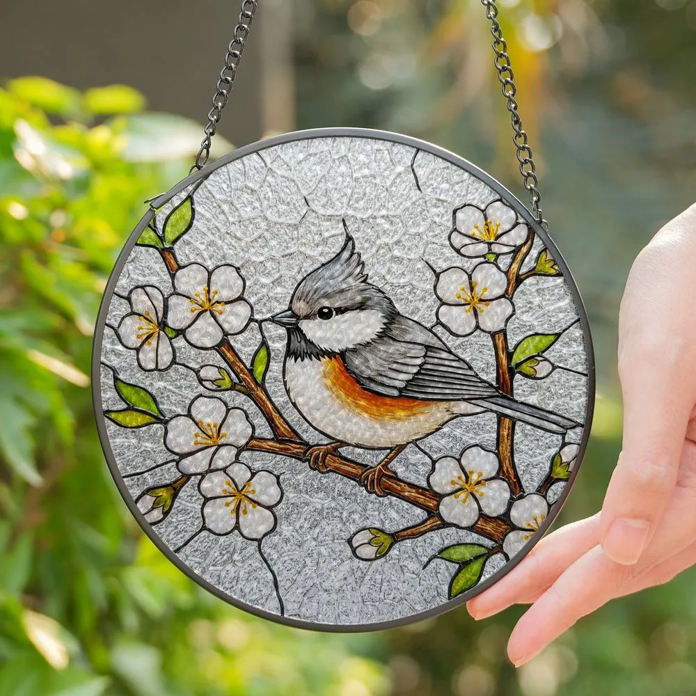 Plump Titmouse Bird Cherry Blossom Stained Glass Mosaic Window Art Tiffany Style Decor Stained Glass Suncatcher - 1